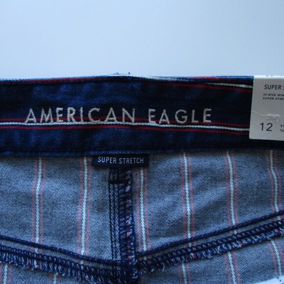 American Eagle Skirt Womens 12 Blue Red Striped Denim Jean Mini Stretch Raw Edge - Picture 5 of 13